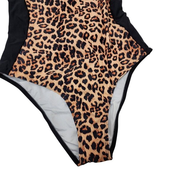 Leopard Print One-Piece Swimsuit With Lace-Up Back & Adjustable Straps Size L - Picture 4 of 5
